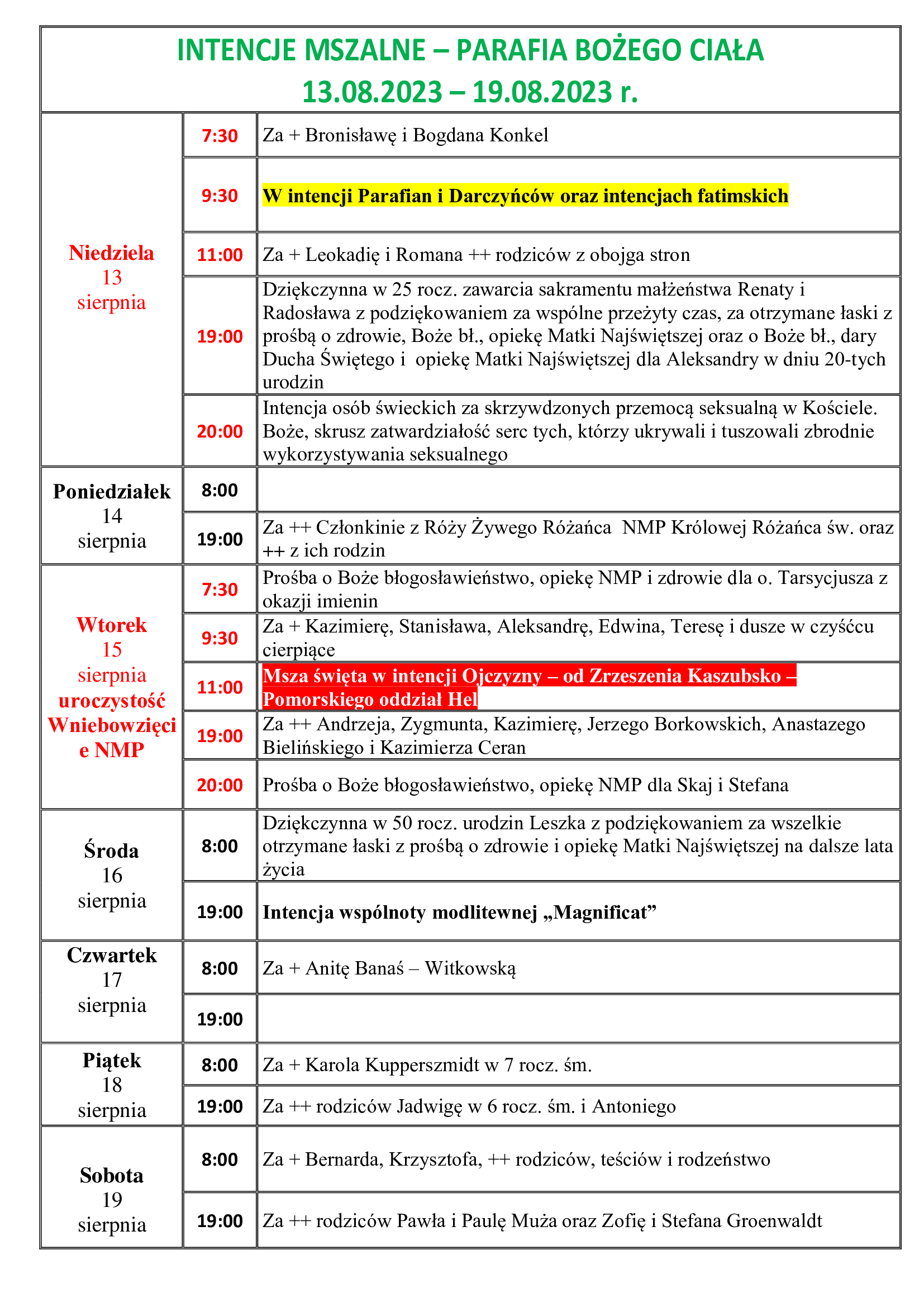 intencje-mszalne-xix-niedziela-zwykla-13-08-19-08-2023